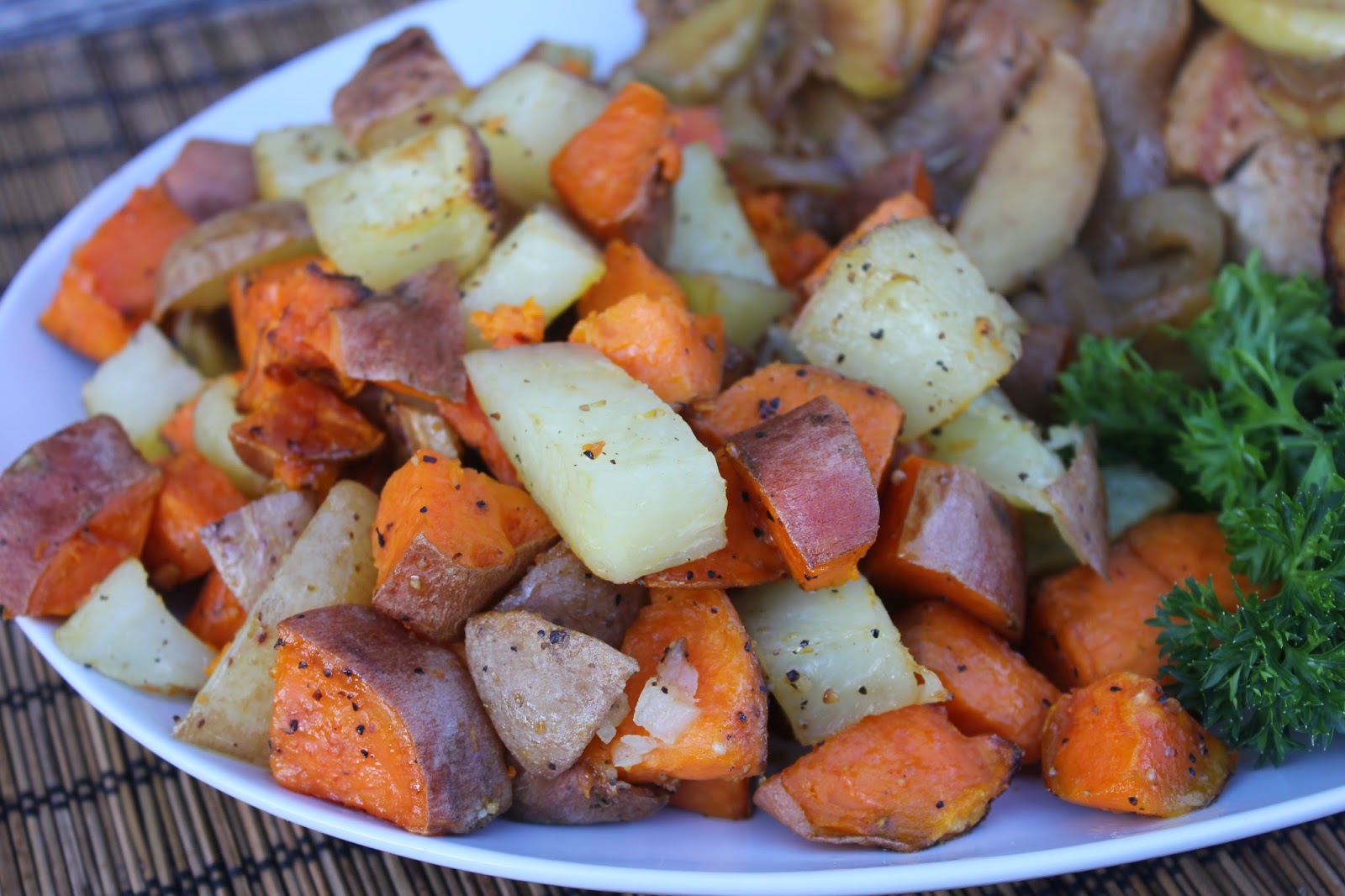 Recipe: Side Dishes, Recipe: Vegetable, sweet potatoes, yams, potatoes, Fall Favorites, Recipe: Pork, Recipe: Main Dish, Deals to Meals, Caramel Apple Pork Chops, Roasted Red and Sweet Potatoes