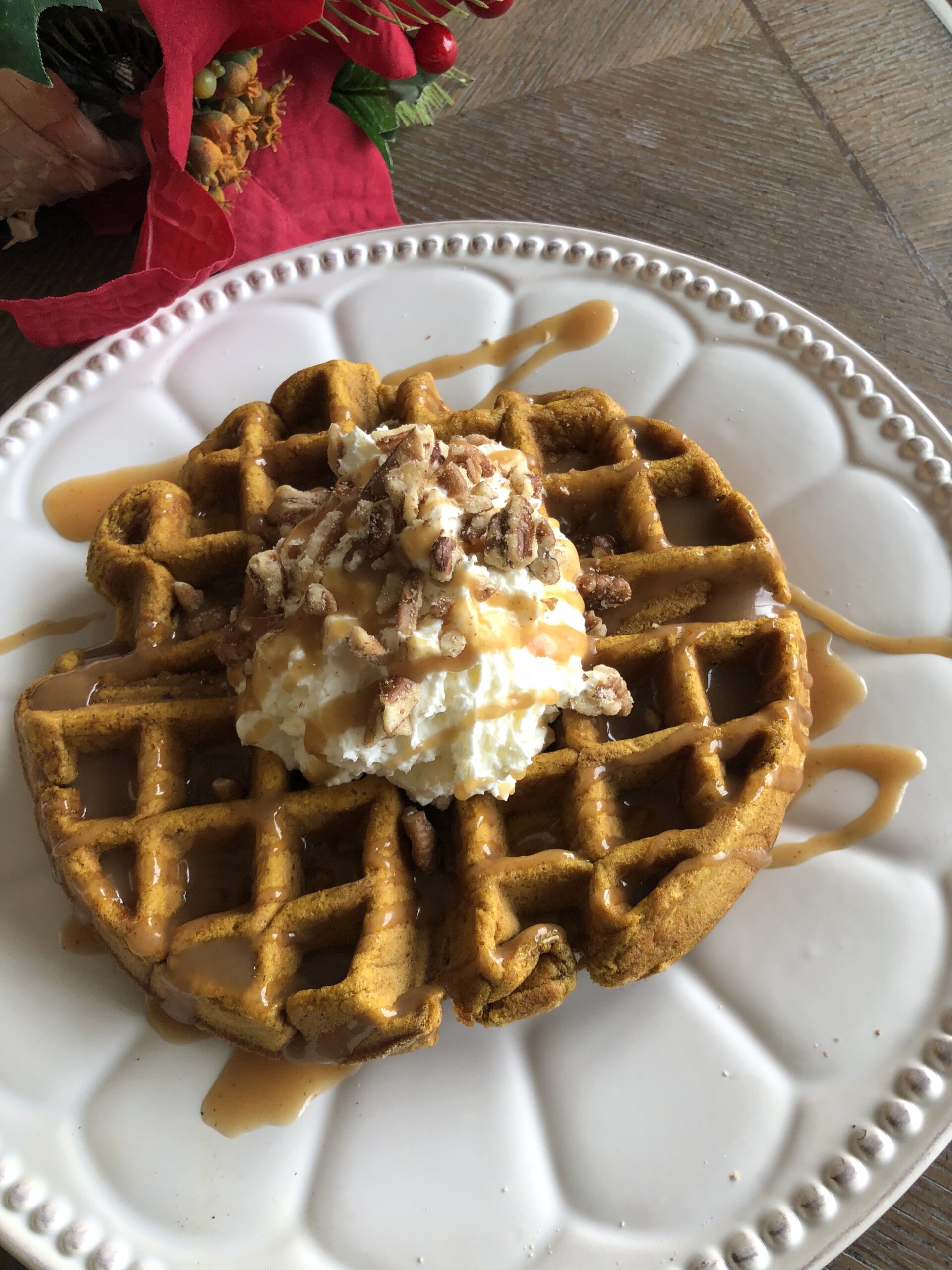 Pumpkin Waffles with Salted Caramel Syrup