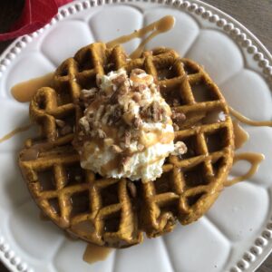 Pumpkin Waffles with Caramel Syrup