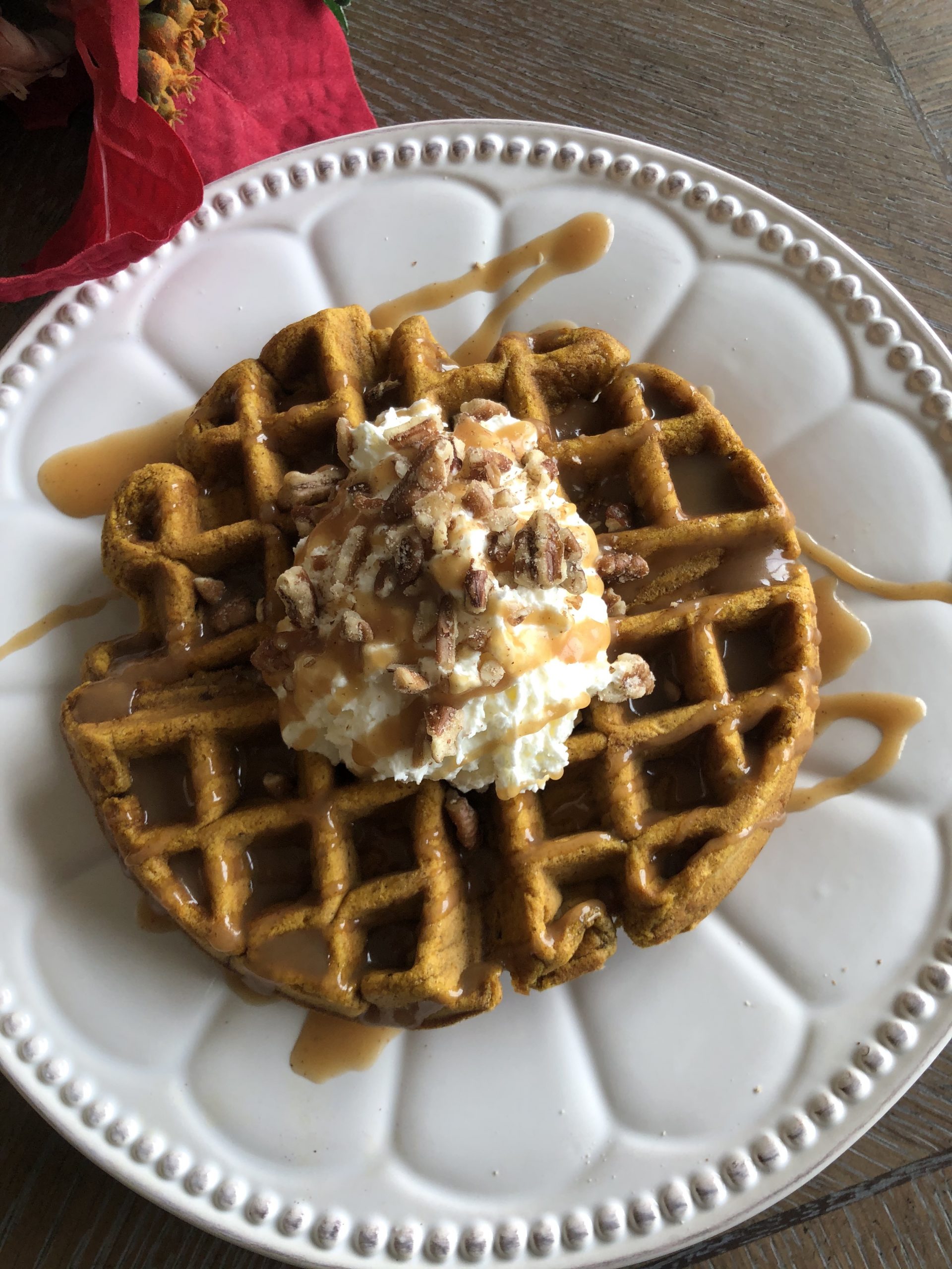 Pumpkin Waffles with Caramel Syrup